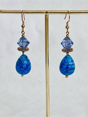 Vintage Murano Style Millefiori Blue Glass Teardrop Dangle Earrings